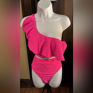 Women's Pink One-Shoulder Ruffle two piece swimsuit